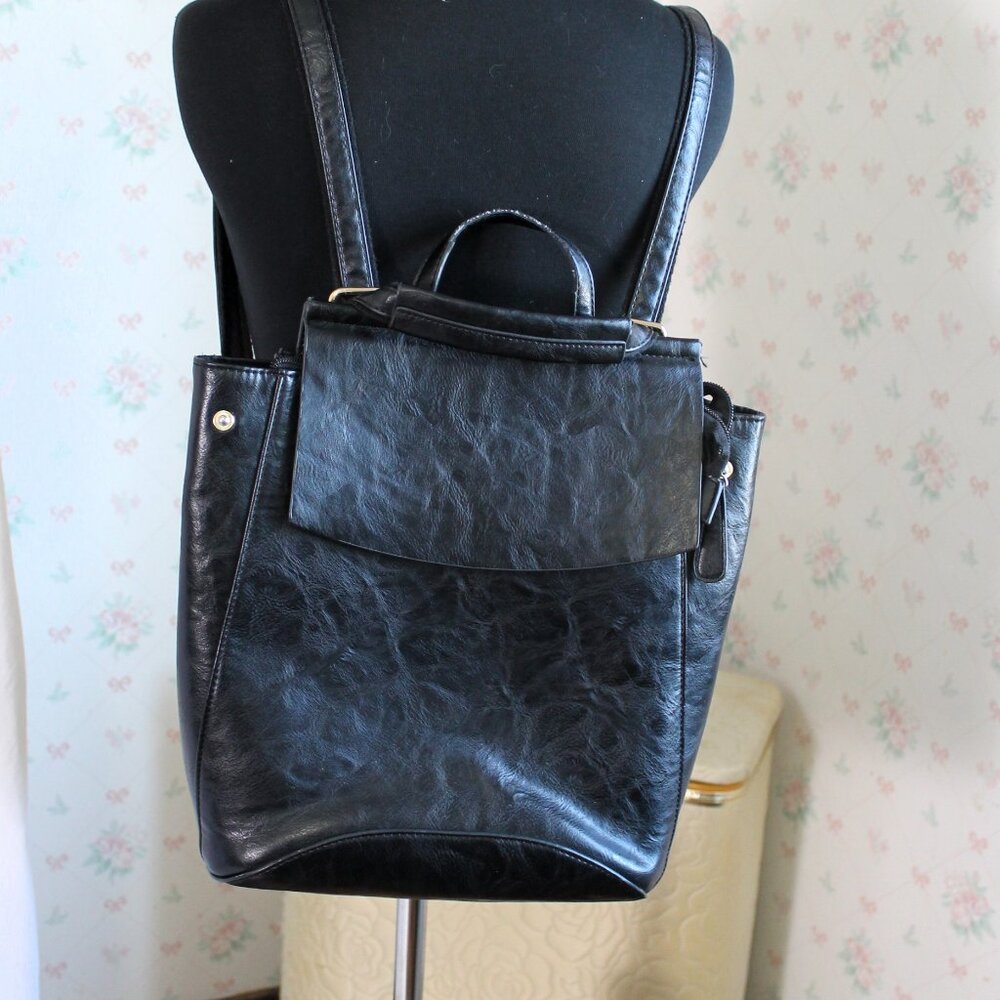 Black Faux Leather Backpack Purse Unbranded